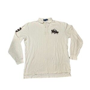 Polo Big Pony Shirt Mens L Rugby Vintage Ralph Lauren Long Sleeve Cream Brown‎